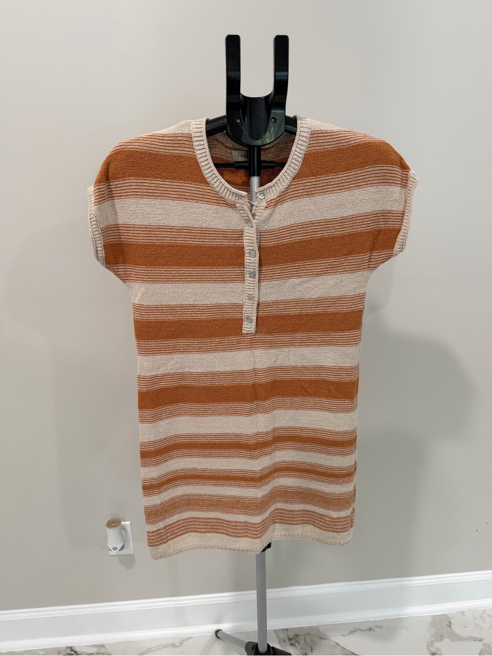 Promesa Rust and Cream Striped Knit Short-Sleeve Dress